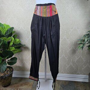 Indian Cotton Pants Black Colorful Stripes Elastic Waist Adj Ankle Ties Pockets
